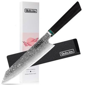 Qulajoy Classic 9 Inch Japanese Gyuto Chef Knife - Handcrafted VG-10 Steel Core Forged Mirror Blade - Octagonal Ebony Wood Handle With Sheath